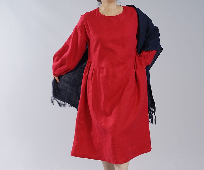 【wafu】中厚 リネン ワンピース ふんわりスリーブ くびれ技法 サイドタック ドレス / レッド a001a-red2 - 連身裙 - 亞麻 紅色