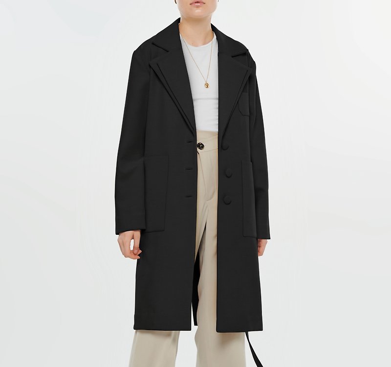 COAT Wool Black Double Lapel - 女西裝外套 - 其他材質 黑色