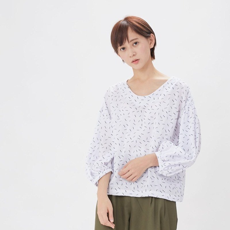 Fiona Puff sleeves match stick printing Top / White - Women's Tops - Polyester White