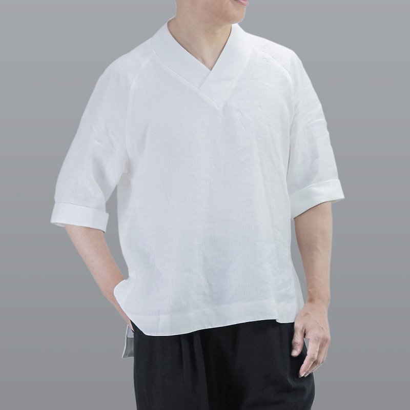Vネックシャツ-リネン3/4スリーブトップ/ホワイト - Tシャツ メンズ - コットン・麻 ホワイト