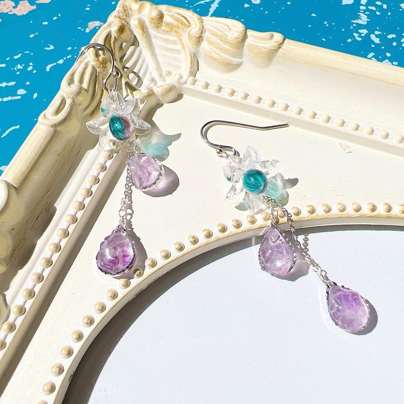 Small Flower and Natural Stone Drop (Amethyst) Pierce/ Clip-On Hypoallergenic Surgical Stainless Steel 0043 Birthday/Birthstone/Anniversary/Gift/Mother's Day/Weekly Anniversary - Earrings & Clip-ons - Semi-Precious Stones Purple