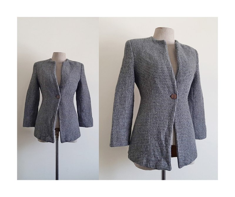 MANI Vintage Gray Brown Wool Blazer - เสื้อสูท/เสื้อคลุมยาว - วัสดุอื่นๆ สีเทา