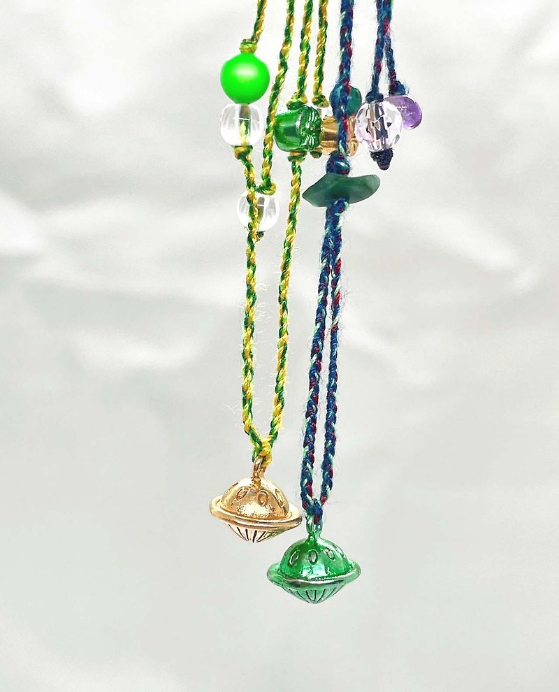 UFO Silver Plated 18K Gold/Green UFO Pendant with Natural Gemstone Beads Hand Braided Bracelet