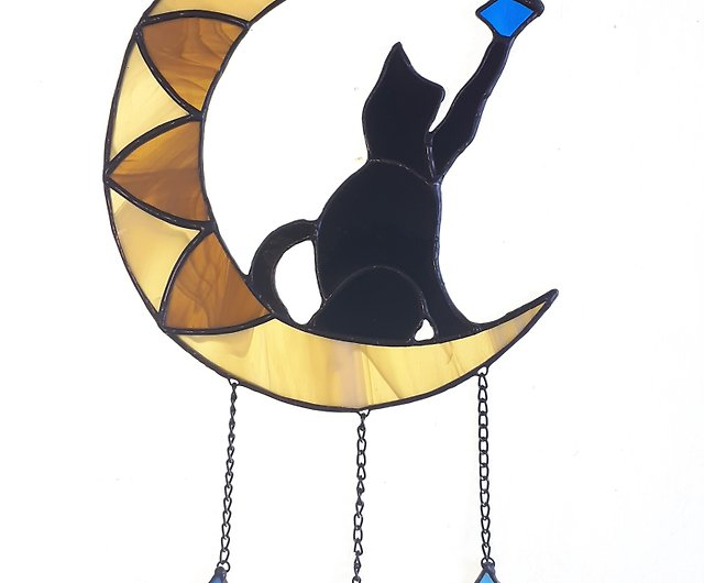 Stained Glass Cat On The Moon Window Hanging Decoration Decor Hangs Home T0X7 