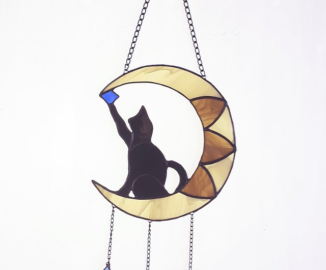 Cat on the Moon Stained Glass Suncatcher 6"x6,5" Handmade Black Yellow 