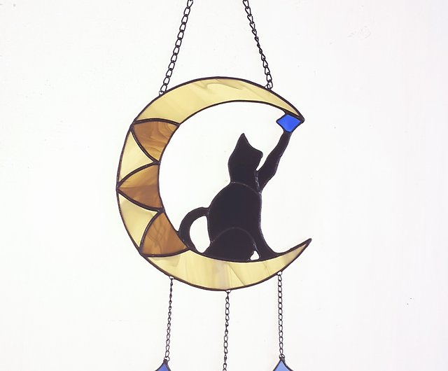 Stained Acrylic Cat On the Moon Mermaid Window Hanging Suncatcher Home Decor New 