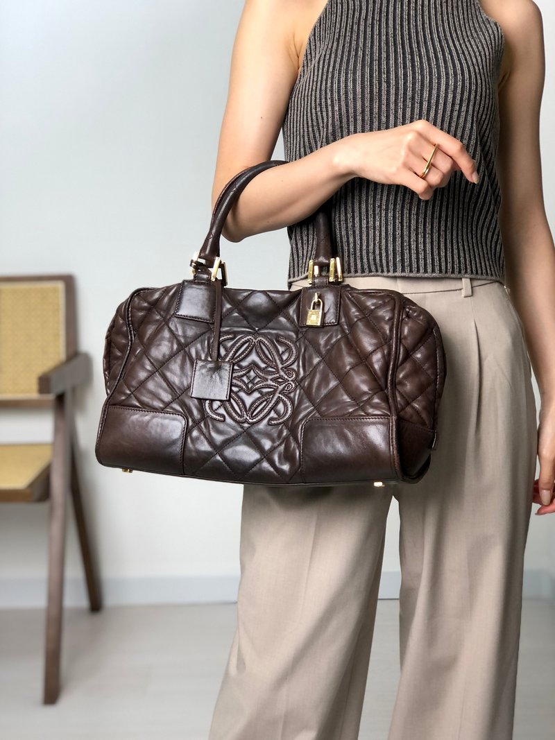 【 日本直送　名牌中古包 】LOEWE ロエベ アマソナ キルティング ハンドバッグ ブラウン アナグラム レザー ボストン vintage  2xr5jd - 手提包/手提袋 - 真皮 咖啡色