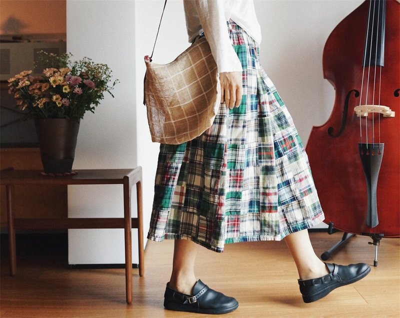 Madras Check Cotton Colorblock Fabric Double Pocket Elastic Waist Retro Liberal Arts Skirt - Skirts - Cotton & Hemp Green