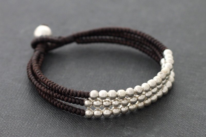 Silver Beads Woven Bracelets Brown Cord Multi Strand Bohemian - สร้อยข้อมือ - โลหะ สีเงิน