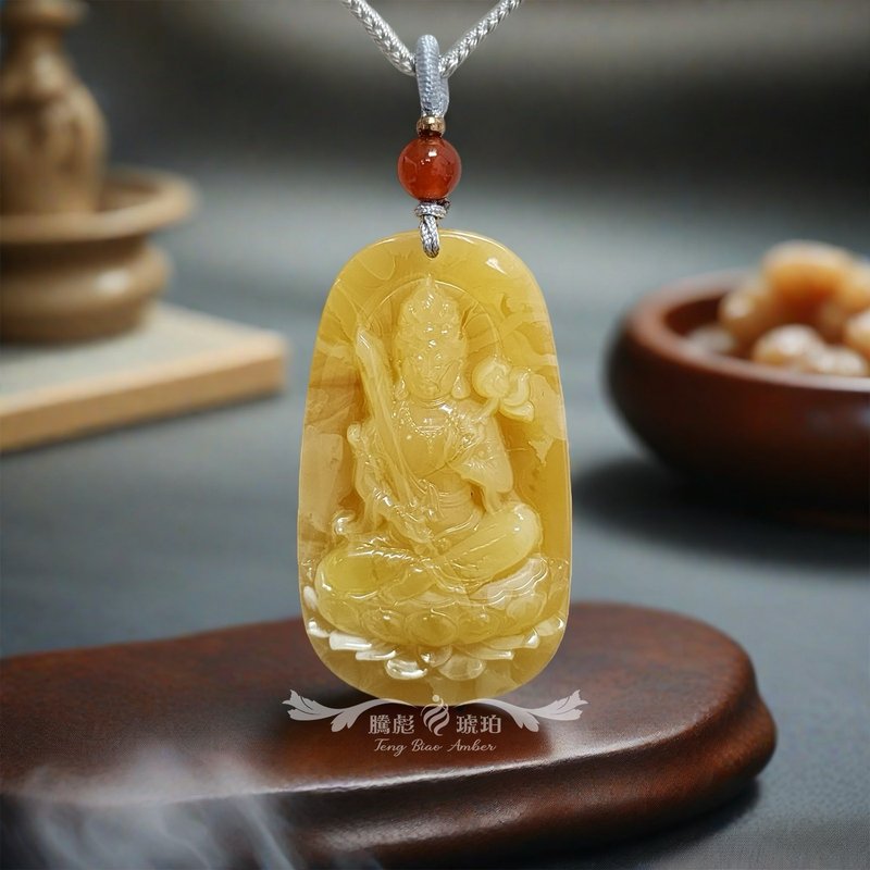 騰彪琥珀 天然琥珀蜜蠟 留皮飄花蜜蠟 文殊菩薩 精品正規 項鍊墜 - 項鍊 - 半寶石 黃色