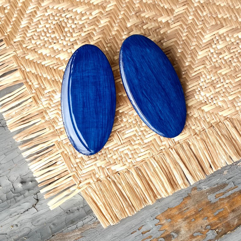 Wooden Earrings, Blue Earrings, Oval Earrings, Big Earrings, Lightweight Earrin - Earrings & Clip-ons - Stainless Steel 