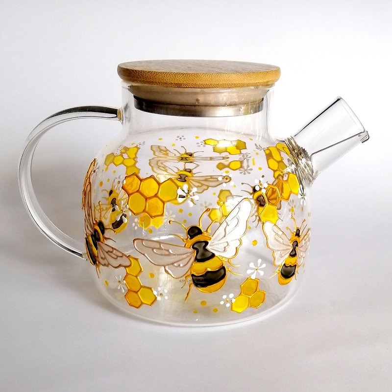 Bee glass teapot Personalised tea pot with honeycomb Wedding gift for parents - 茶壺/茶杯/茶具 - 玻璃 黃色
