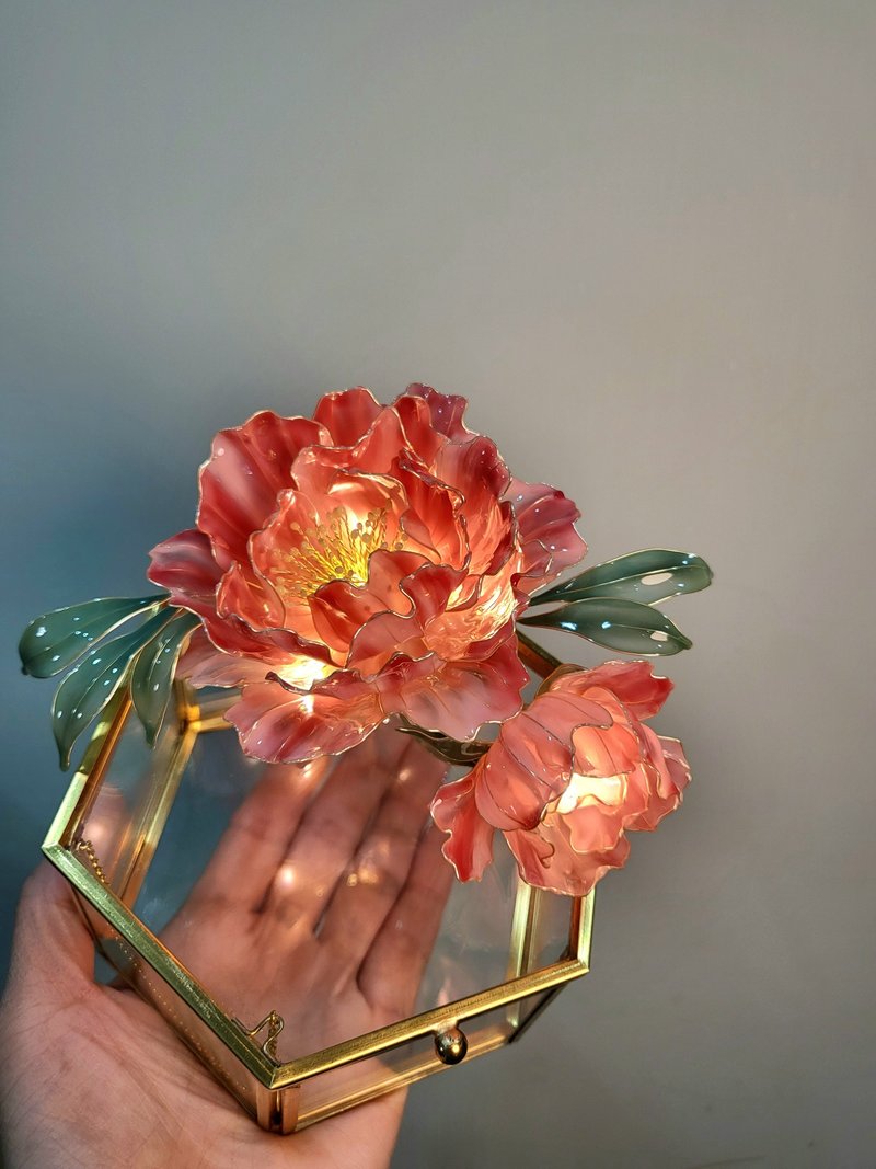 【沾浸藝術•玻璃飾盒】牡丹花。小夜燈。生日禮物 - 其他 - 樹脂 