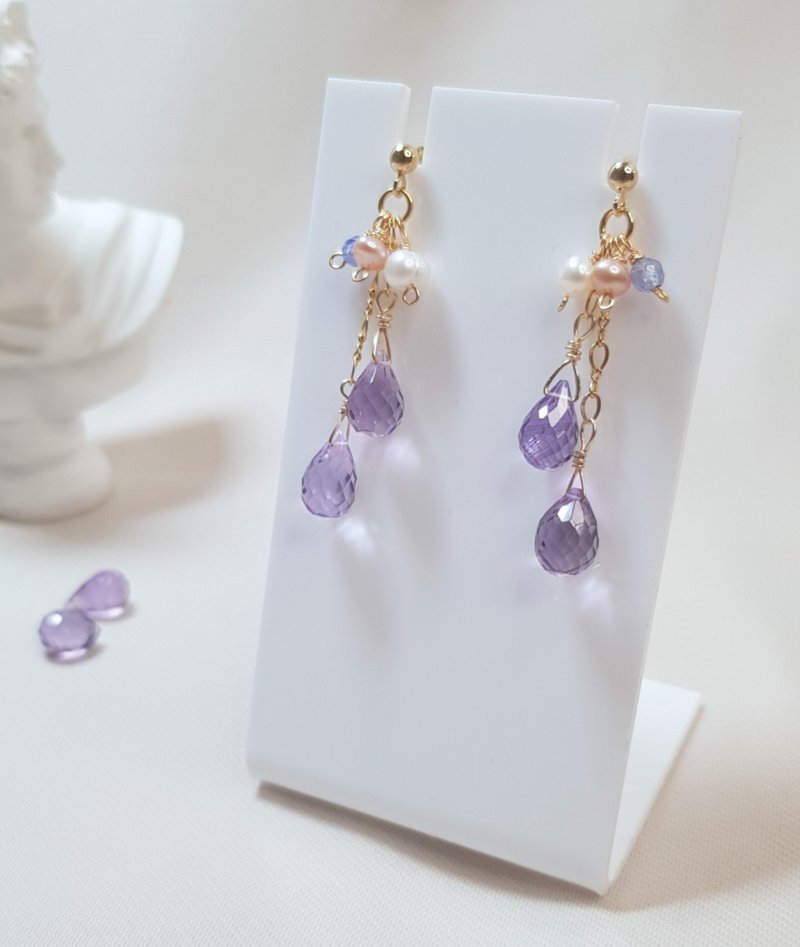 [Good Luck Gift] Faceted Double Amethyst Pearl Earrings/Changeable Clip-On - ต่างหู - เครื่องเพชรพลอย สีม่วง