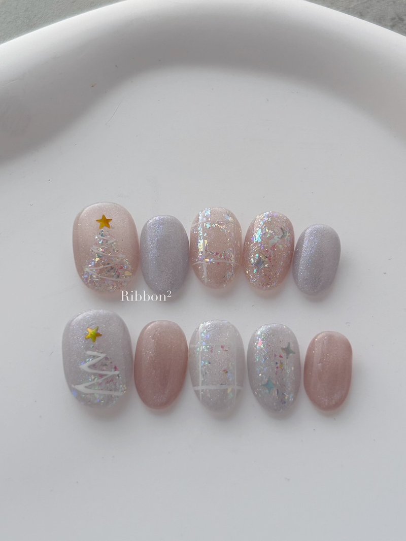 Winter Star Language // Pre-order handmade nails_Sequined Christmas x Hand-painted plaid x Jumping color cat eye - Nail Polish & Acrylic Nails - Other Materials 