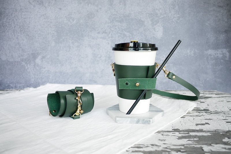 Waterproof Adjustable Drink Cup Set Coffee Cup Sleeve Dark Green Dark Green - Beverage Holders & Bags - Genuine Leather Green