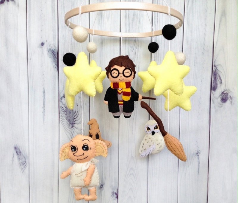 Harry Baby Mobile, Felt Owl, House Elf, Broom, Hat, Stars, Crib Decor, Nursery - Kids' Toys - Eco-Friendly Materials Multicolor