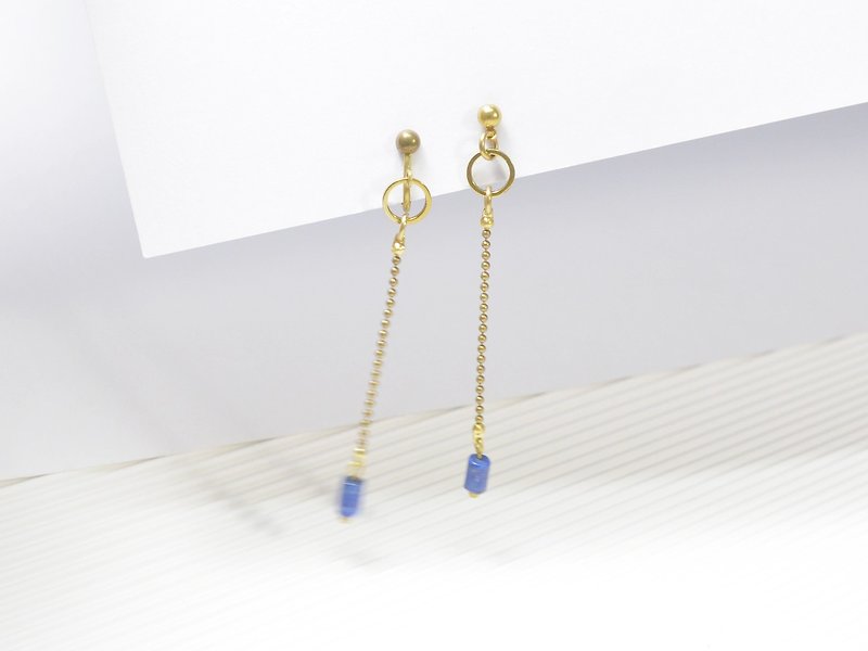 2017AW - Autumn pendulum - brass bead chain lap stone clip type earrings - Earrings & Clip-ons - Other Metals Blue
