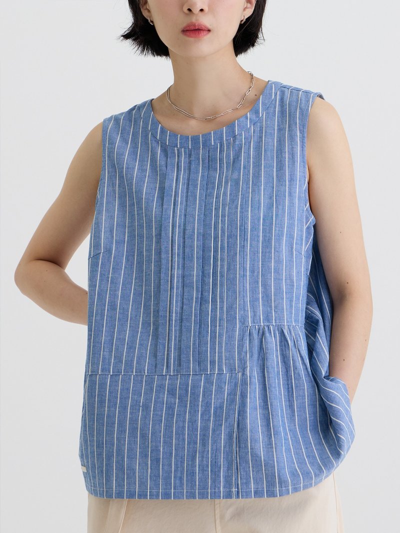 PINKOI ONLY 海邊漫步拼接無袖上衣-星期天 - 背心/無袖上衣 - 棉．麻 藍色