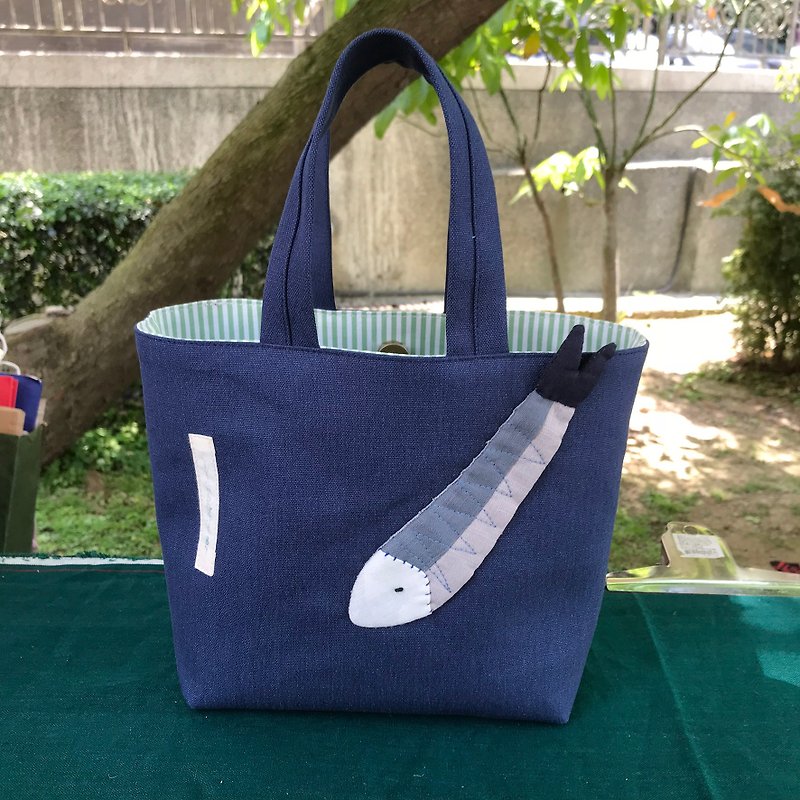 Saury Tote Bag/Dark Blue Bottom - Handbags & Totes - Cotton & Hemp Blue