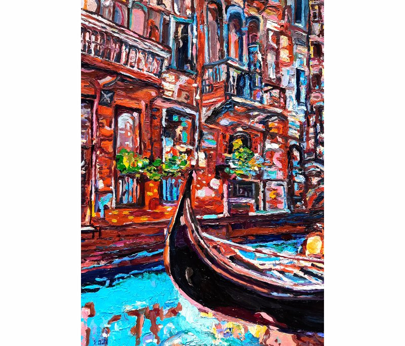 Italy Painting 意大利景观 Original Art Gongola Painting Venice Art Impasto Oil Art - โปสเตอร์ - วัสดุอื่นๆ สีนำ้ตาล
