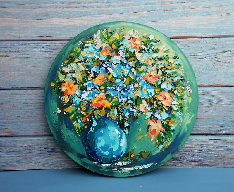 Floral Painting 油畫原作 Flower Still Live Impasto Artwork Oil Round Canvas - 掛牆畫/海報 - 其他材質 綠色