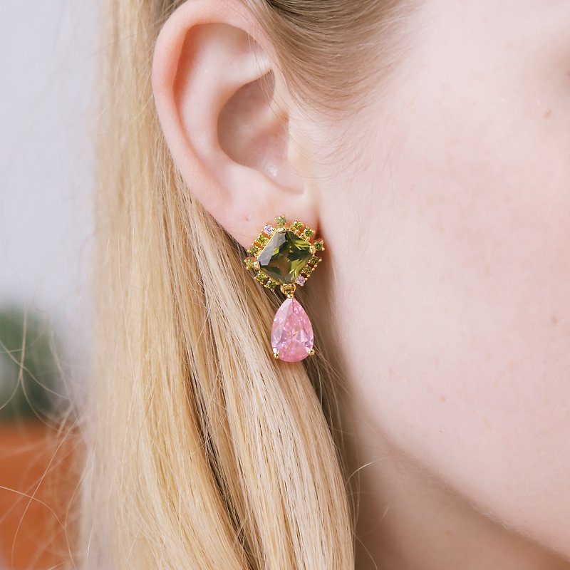 Olive Green Pink Candy Crystal Earrings