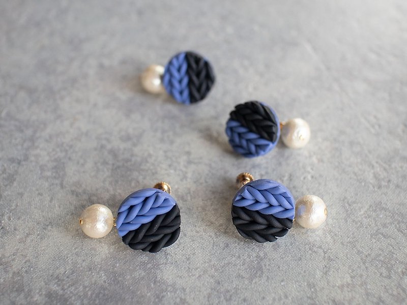 Knit and pearl earrings / earrings - ต่างหู - ดินเหนียว สีน้ำเงิน