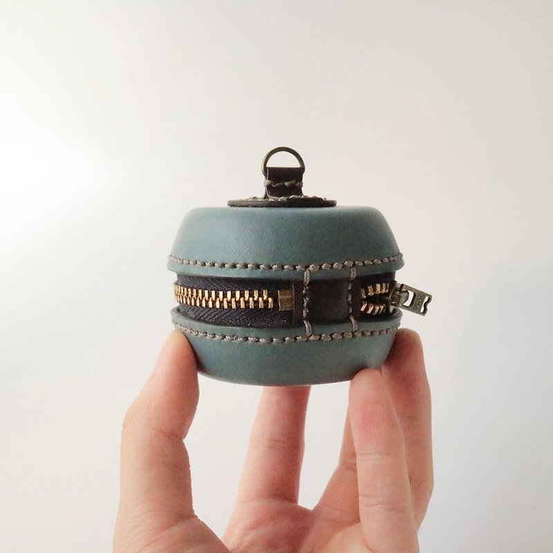Small round sandwich cake leather storage box / coin box / earphone box-Turkish blue - Coin Purses - Genuine Leather Blue