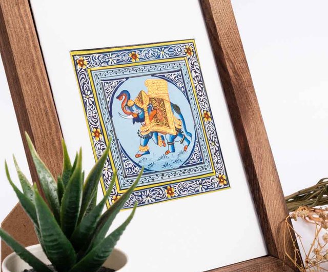 ブルーにインドの手塗りシルク絵画 - 象 - ショップ Tramper