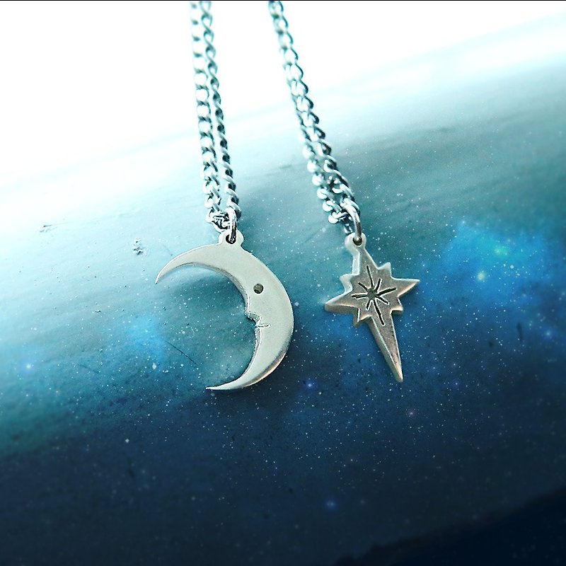 Crescent Moon and Star Layered Necklace Set, Moon and Star Necklace, Man in the Moon Necklace, 2 Necklaces Set - Necklaces - Other Metals Silver