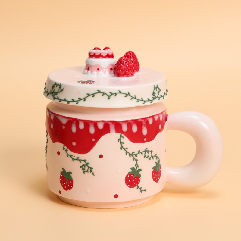 Strawberry Cake Ceramic Mug with Lid Handmade Cute Tea Cup Pink Dessert Themed - 咖啡杯/馬克杯 - 陶 粉紅色