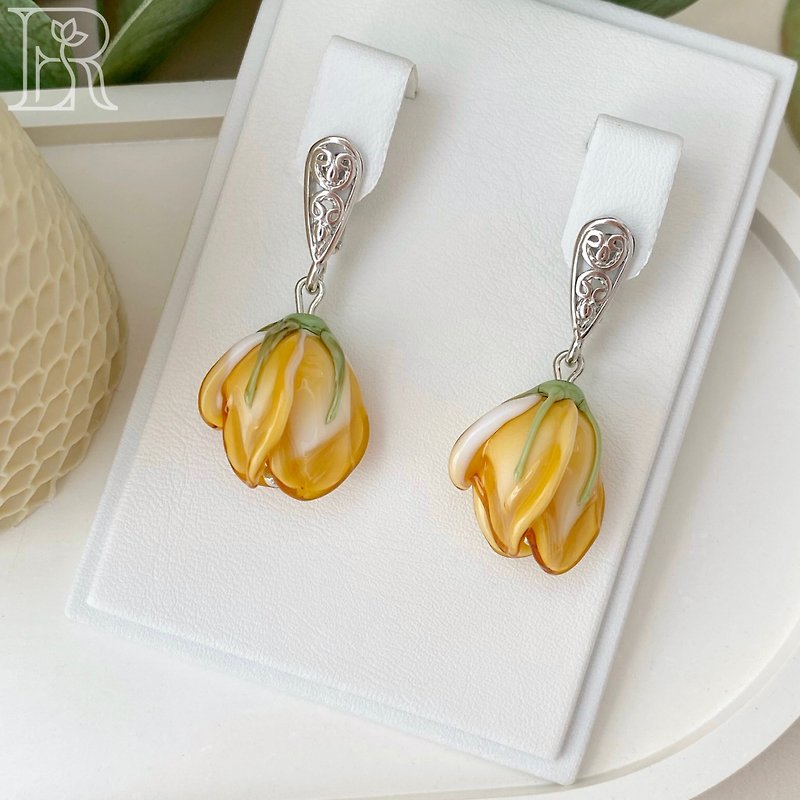Wedding Boho Flower Earrings / Botanical Bridesmaid Dangle Earrings - Earrings & Clip-ons - Sterling Silver Orange