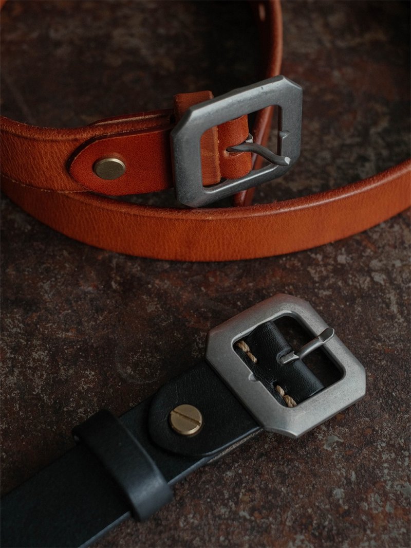 Black/khaki top layer cowhide vintage distressed leather belt 102CM - เข็มขัด - หนังแท้ สีดำ