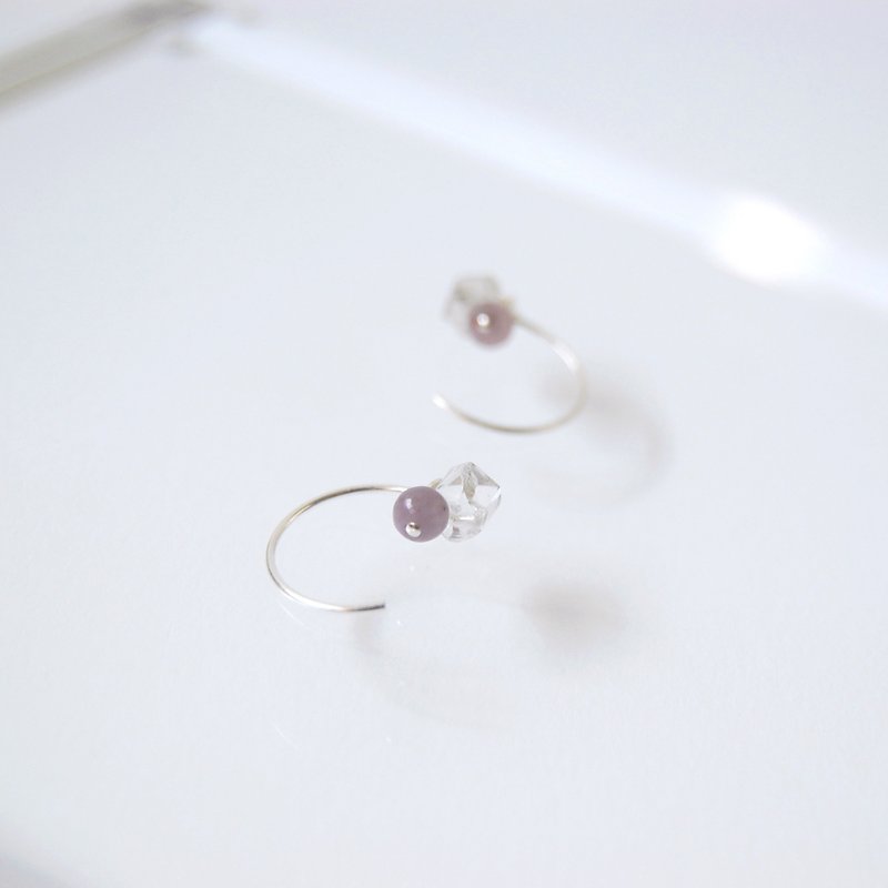 紫色小玉珠 閃靈鑽純銀弧形C形耳針耳環 - 耳環/耳夾 - 水晶 透明