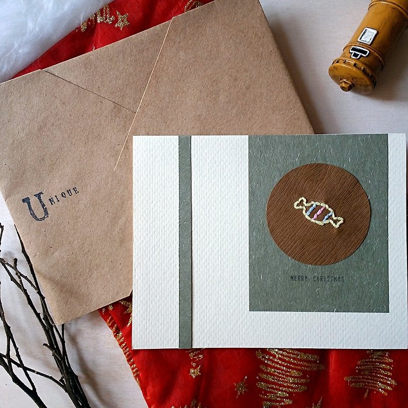 Hand-sewn image Christmas card (candy) (original) - การ์ด/โปสการ์ด - กระดาษ หลากหลายสี