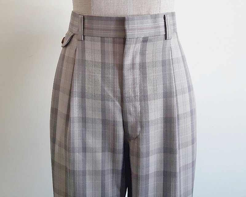 Vintage Brown Gray Plaid Pants - กางเกงขายาว - วัสดุอื่นๆ 