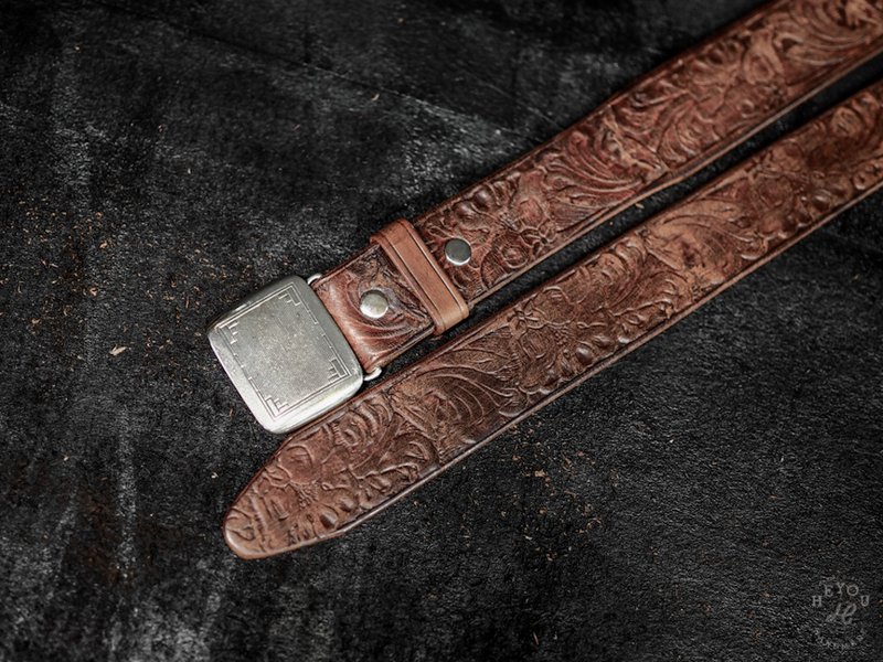 Tooled Hickok Buckle Belt 唐草雕花舊化漸縮皮帶 - 皮帶/腰帶 - 真皮 咖啡色