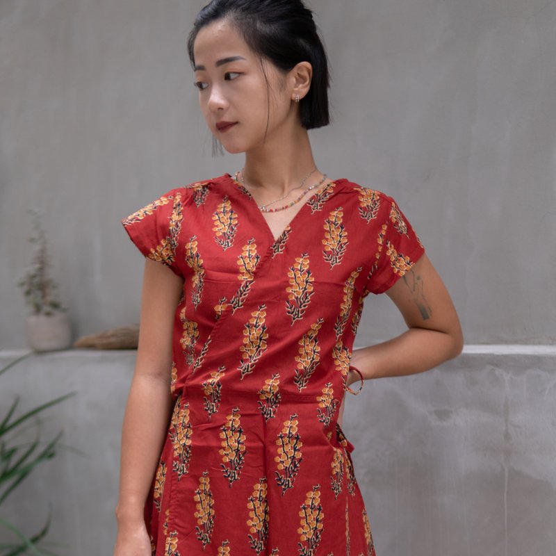 Indian cover-dyed pure cotton one-piece skirt short-sleeved blouse - snapdragon red [full-size replenishment in September] - One Piece Dresses - Cotton & Hemp Red