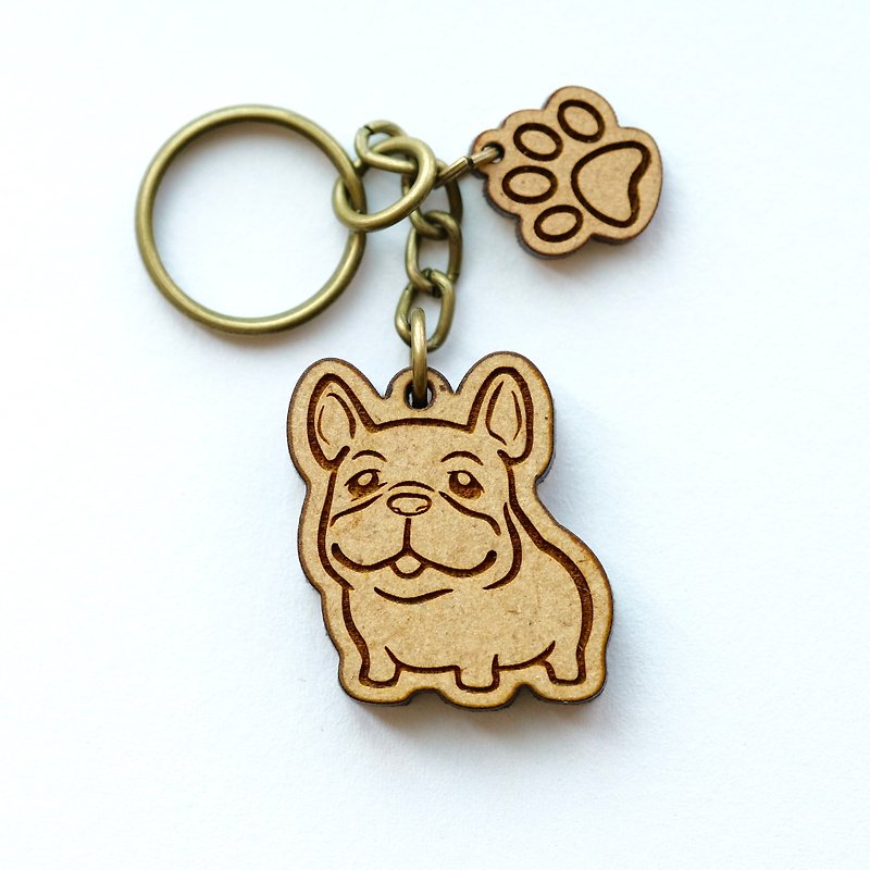 Wooden key ring - Cute French Bulldog - ที่ห้อยกุญแจ - ไม้ สีนำ้ตาล