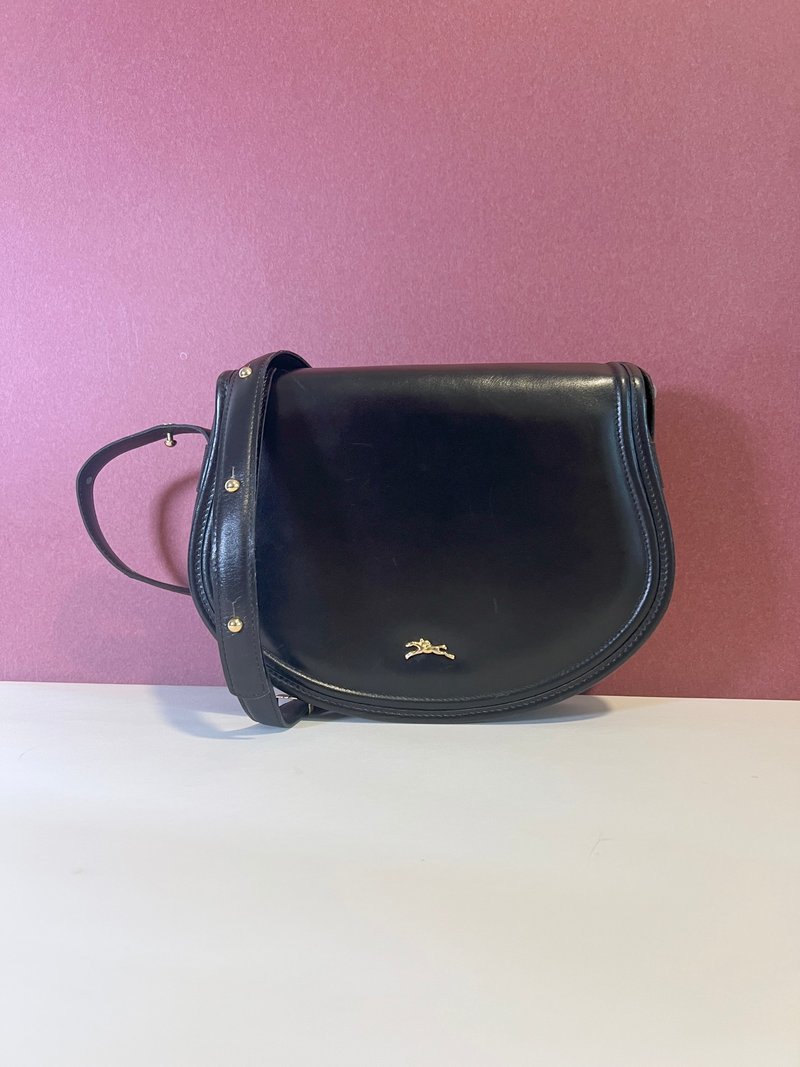 Longchamp金屬logo黑色皮革斜孭袋腋下包肩背袋 日本中古Vintage - 側背包/斜背包 - 真皮 黑色