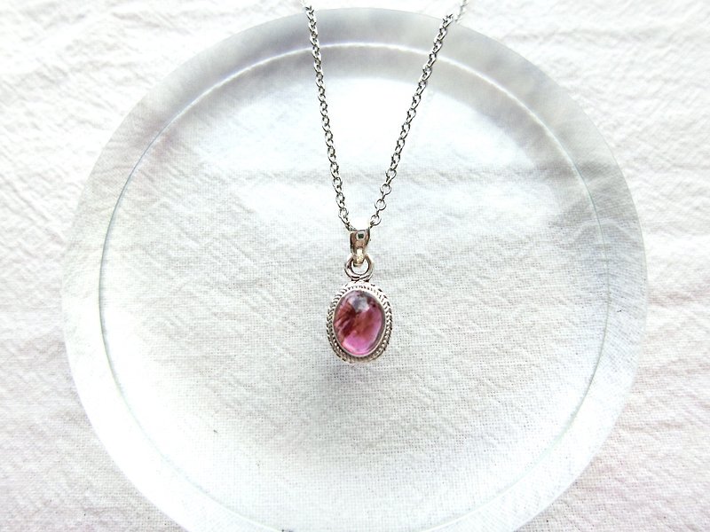 Pink Red Tourmaline 925 Sterling Silver Simple Striped Necklace Nepalese Handmade Silverware - Necklaces - Gemstone Silver