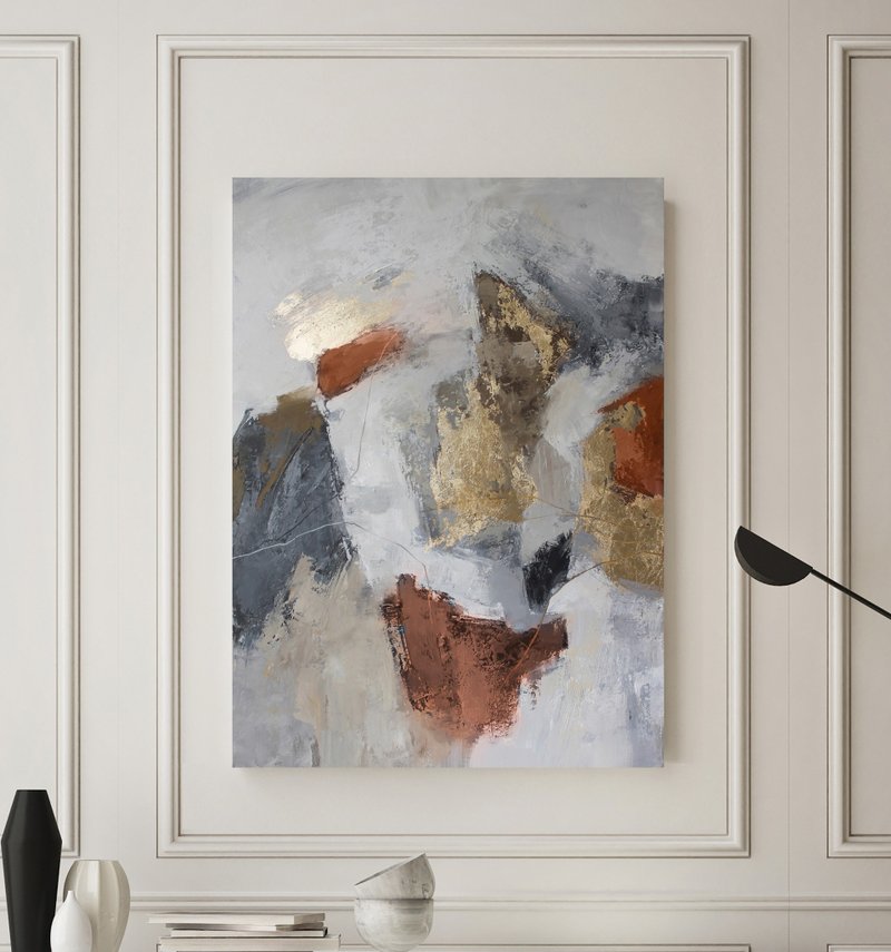 Terracotta and Gray Abstract | Brown Gold Gray Original Artwork | Orange Lead - 壁貼/牆壁裝飾 - 棉．麻 咖啡色