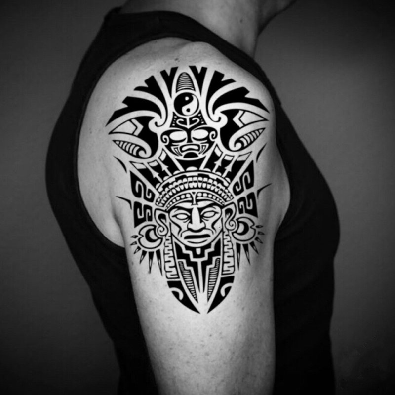 Aztec Half Sleeve Temporary Fake Tattoo Sticker (Set of 2) - OhMyTat - สติ๊กเกอร์แทททู - กระดาษ สีดำ