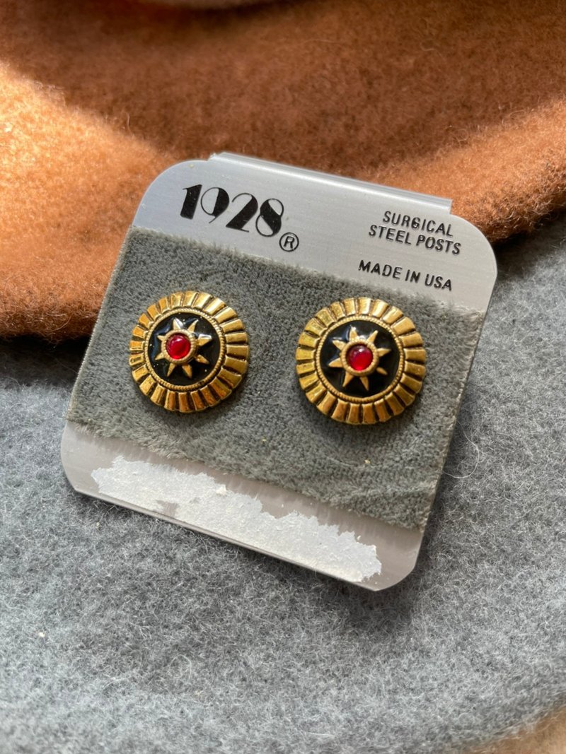 -Vintage-古董金色圓形星星五芒星琺瑯針式耳環 1928 P46 - 耳環/耳夾/耳骨夾 - 其他金屬 金色