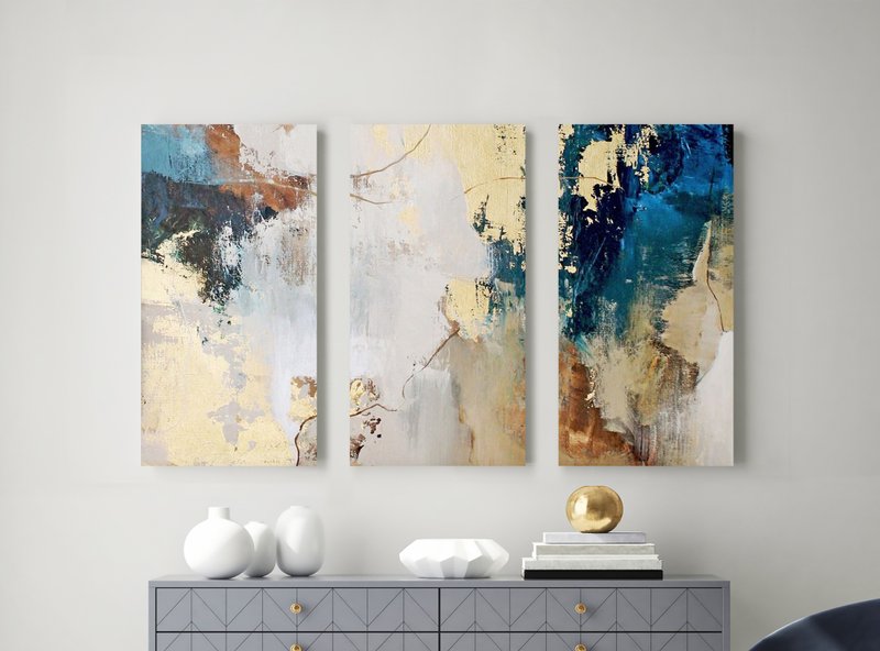 Blue Abstract Painting | Triptych Wall Art Abstract | Avalanche 2 Triptych - 壁貼/牆壁裝飾 - 棉．麻 藍色