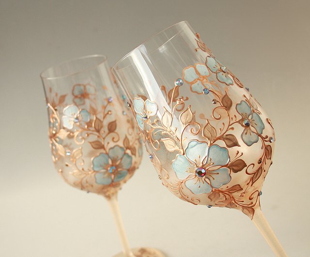 Blue Flowers Wine Glasses, Swarovski Crystals Hand-paintedsetof 2 - Shop  NeA Glass Bar Glasses & Drinkware - Pinkoi