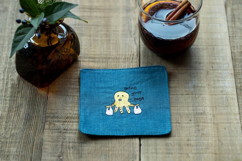 澎湖の小さなタコの刺繍コースター青とブルー - コースター - コットン・麻 ブルー