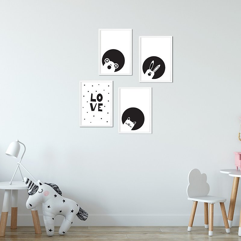 黑白動物版畫 | 連框 | 兒童房佈置 | 臥室掛畫 | 生日送禮 - 掛牆畫/海報 - 紙 黑色