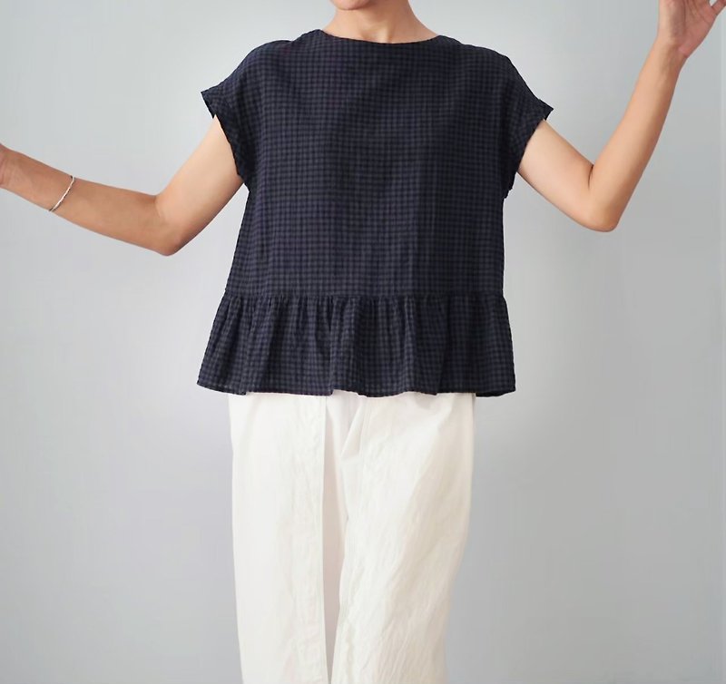 Cotton Short Sleeve Blouse - Women's Tops - Cotton & Hemp Blue